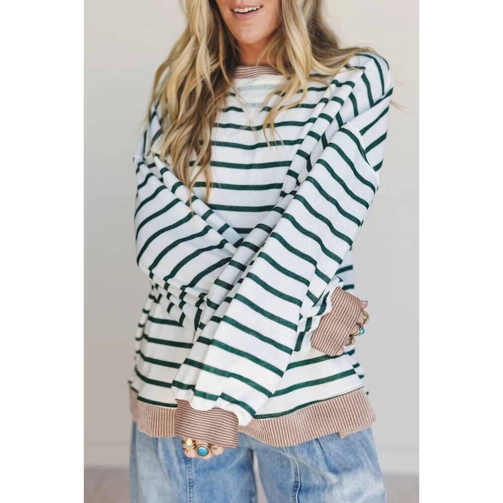 NEW SHEWIN long sleeves crewneck pullover in green/white stripe